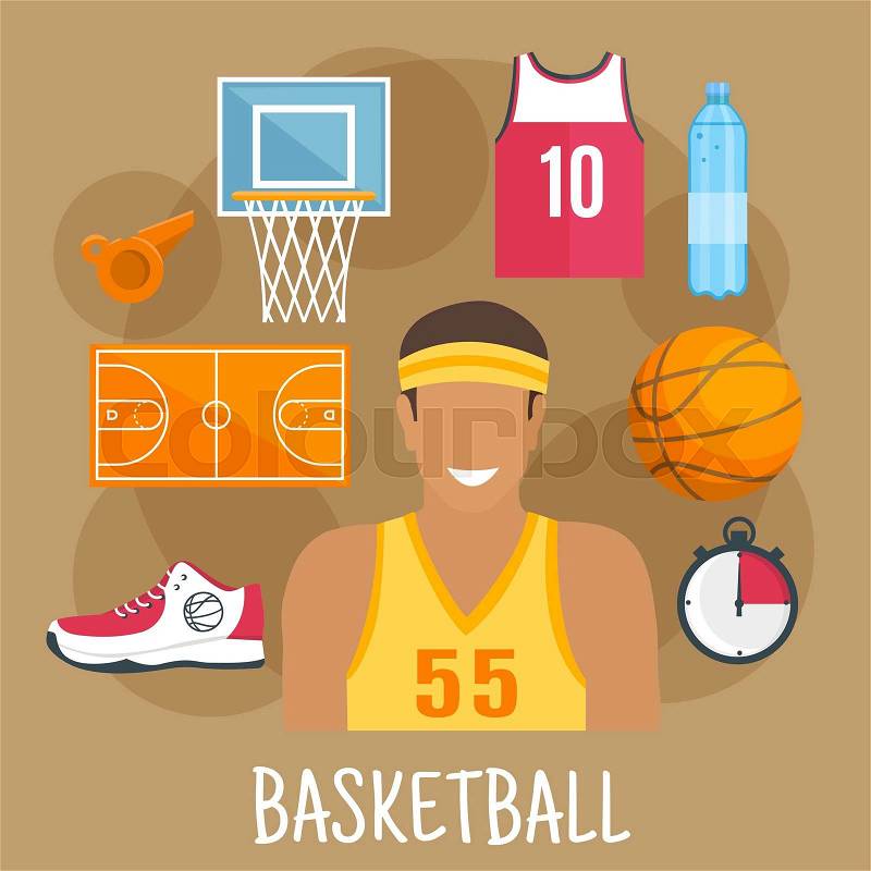 Basketball game symbol for ball sports theme design with guard player in yellow shirt and headband, ball, court and backboard with basket, red jersey, shoe, whistle and stopwatch, vector