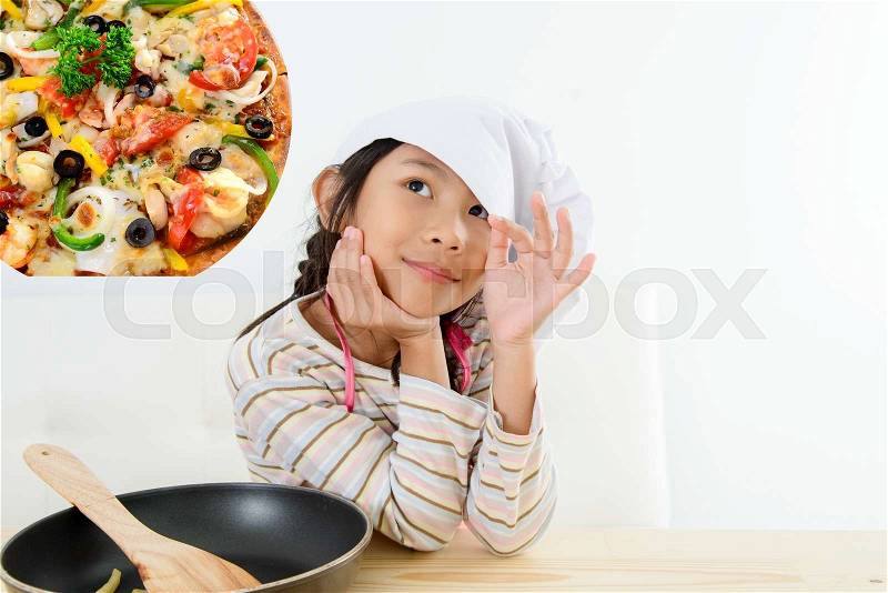 Asian girl thinking about pizza, food and childhood concept, stock photo