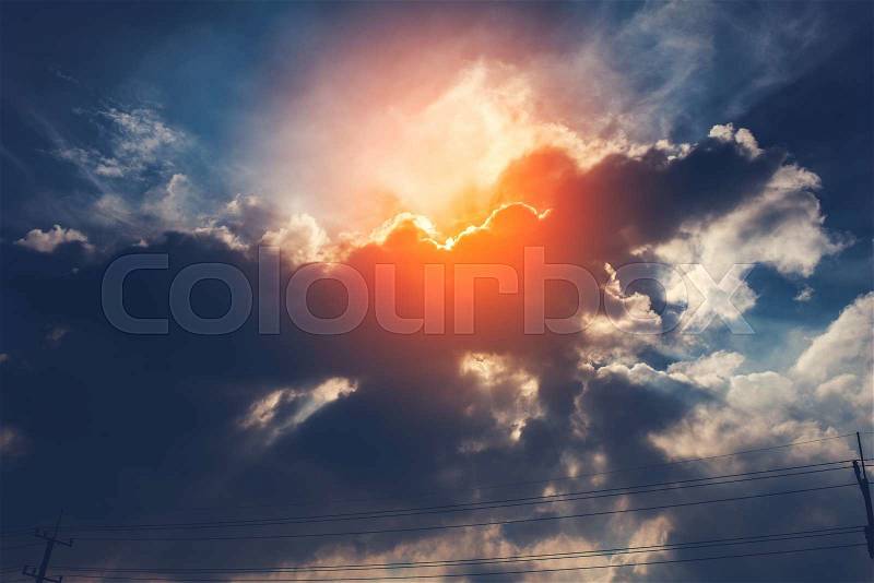 Dark sky and ray with electric tower, stock photo