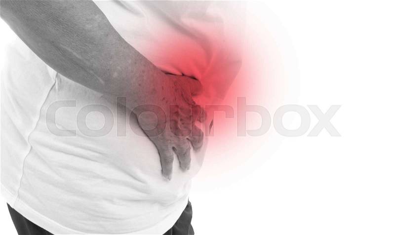 Black and white Senior woman with stomach pain on white background, stock photo