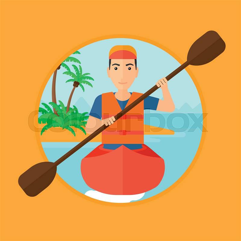 Sportsman riding in a kayak in the sea. Young man traveling by kayak. Male kayaker paddling. Man paddling a canoe. Vector flat design illustration in the circle isolated on background, vector