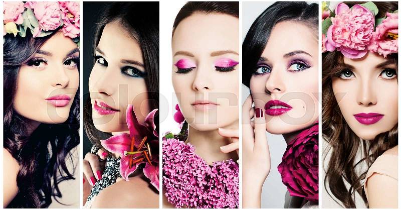Fashion Beauty Faces. Set of Women. Purple Colors Makeup, stock photo