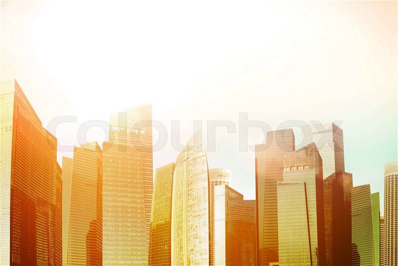 View of modern skyscrapers in business district with free empty for text. Business concept, stock photo