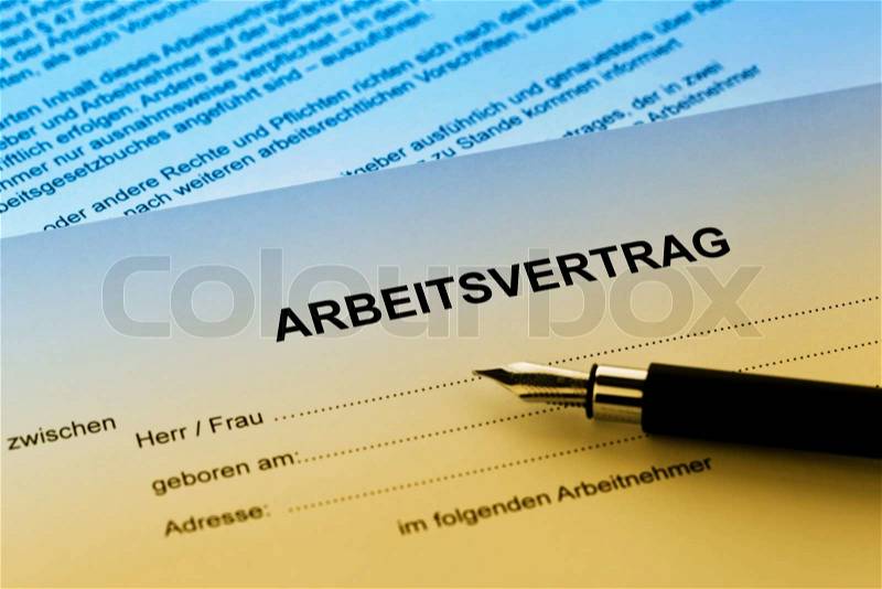 The employment of an employee with the employer. (In German), stock photo