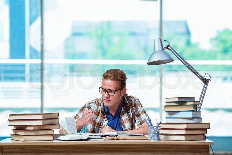 Young male student preparing for high school exams, stock photo