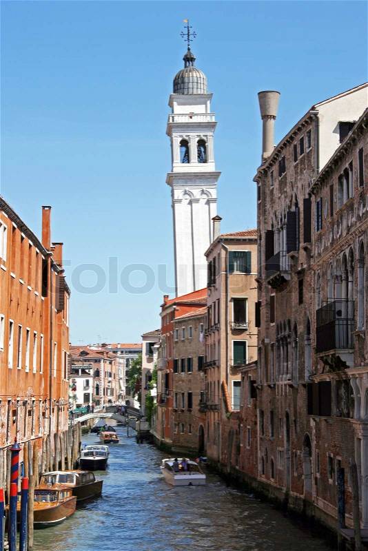 Canal and Skeved church tower - Greek Church, stock photo