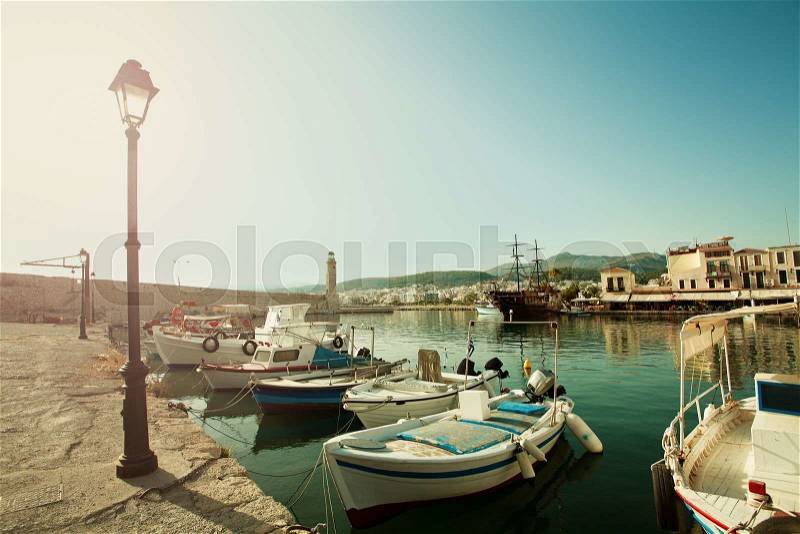 Rethymnon City, Crete, Greece. Boats, Sea and Lighthouse. Impression of Greece, stock photo