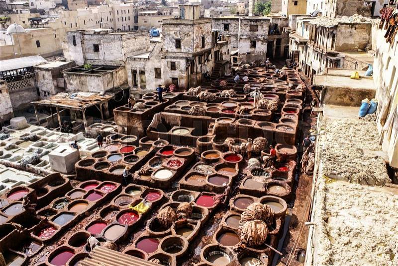 Tanneries of Fes, Morocco, Africa Old tanks of the Fez\'s tanneries with color paint for leather, Morocco, Africa, stock photo