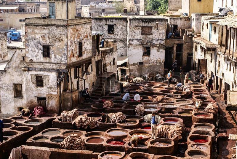 Tanneries of Fes, Morocco, Africa Old tanks of the Fez's tanneries with color paint for leather, Morocco, Africa, stock photo