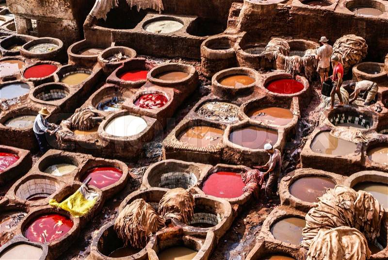 Tanneries of Fes, Morocco, Africa Old tanks of the Fez\'s tanneries with color paint for leather, Morocco, Africa, stock photo