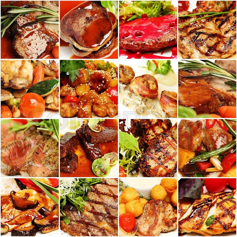 Food Collage. Gourmet Restaurant Meat Set. Carte Background, stock photo