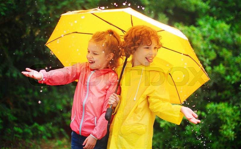Girl and boy during a rain under one umbrella. Cute children catch rain drops in the palms. They look in different directions and laugh. Behind them magnificent green bush. Children like a rain, stock photo