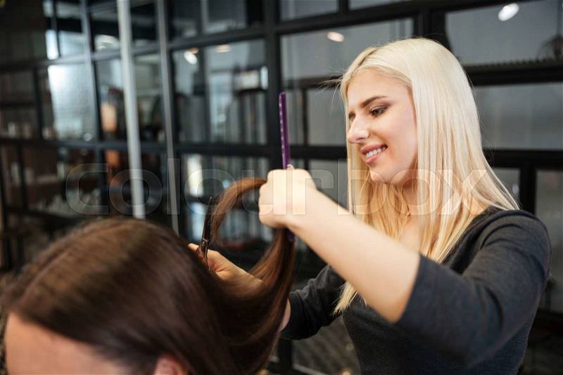 Pretty young woman getting a hair cut by a beautician at parlor, stock photo