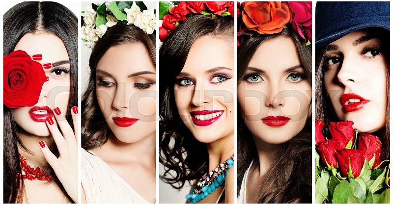 Beauty Collage. Faces of Women. Red Lips and Rose Flowers, stock photo