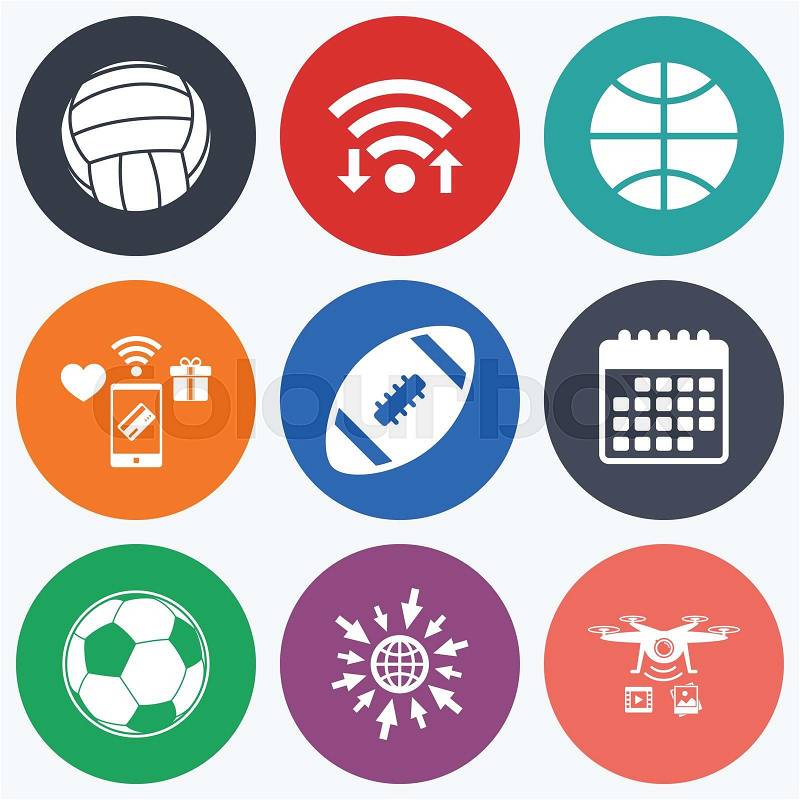 Wifi, mobile payments and drones icons. Sport balls icons. Volleyball, Basketball, Soccer and American football signs. Team sport games. Calendar symbol, vector