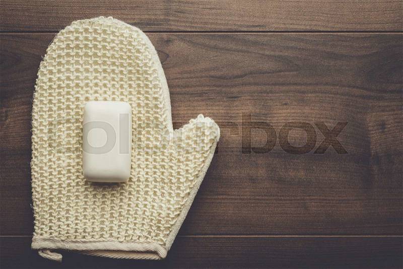 Bound bast with soap bar on the table, stock photo