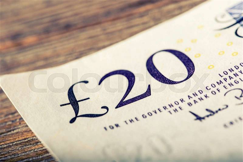 Pound currency, money, banknote. English currency. UK banknotes of different values stacked on each other, stock photo