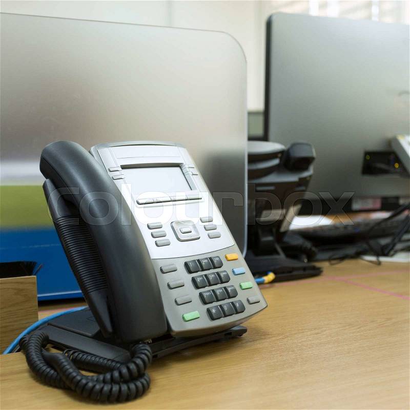 Black telephone on table work of office, stock photo