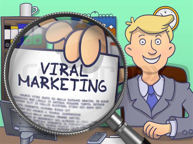 Viral Marketing on Paper in Man\'s Hand to Illustrate a Business Concept. Closeup View through Magnifying Glass. Multicolor Doodle Illustration, stock photo