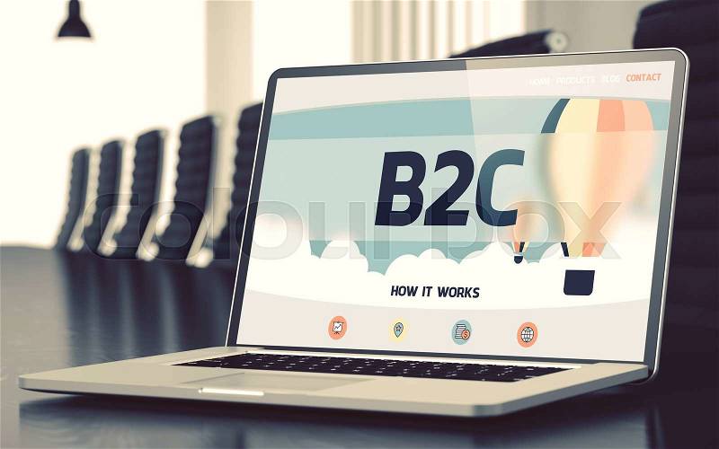 B2C - Landing Page with Inscription on Mobile Computer Screen on Background of Comfortable Meeting Room in Modern Office. Closeup View. Blurred. Toned Image. 3D Illustration, stock photo