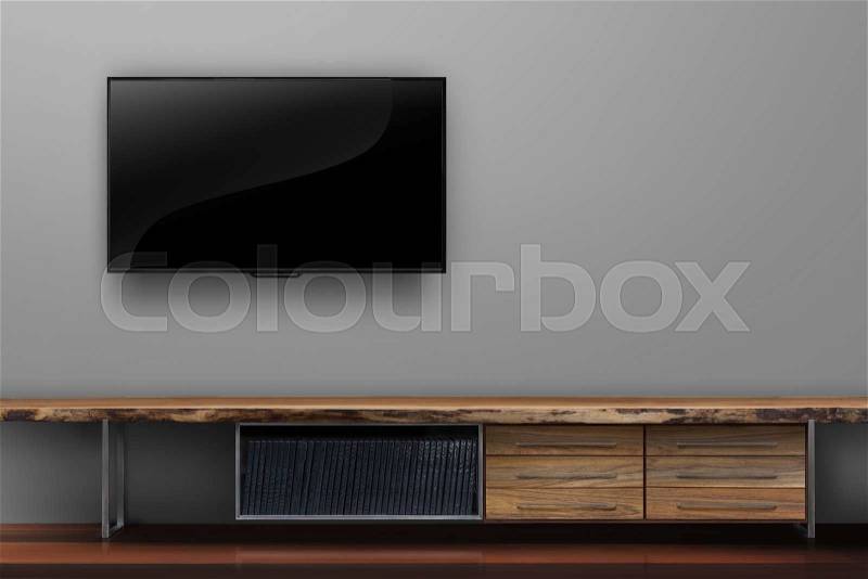 Living room led tvs on concrete wall with lwooden table media furniture modern loft style, stock photo