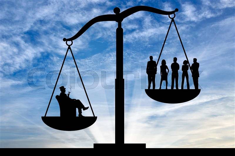 Social inequality . Social inequality on the scales of justice between the rich and ordinary people, stock photo