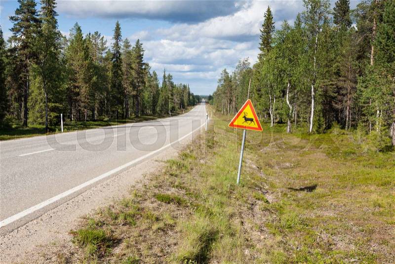 Beautiful scenic road in Norway. Typical warning road sign, stock photo
