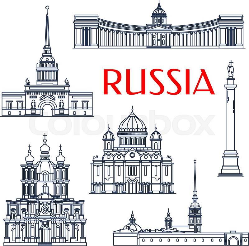 Tourist attractions of russian architecture symbols for vacation planning and travel agency design with linear Smolny and Kazan Cathedrals, Russian Admiralty and Alexander Column, Peter and Paul Fortress and Cathedral of Christ The Savior, vector