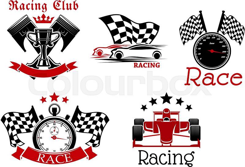 Sporting racing cars, speedometer and stopwatch with racing flags, champion trophy cup with crossed pistons on the background icons for racing club or motorsport competition design adorned by ribbon banners, stars and crown, vector