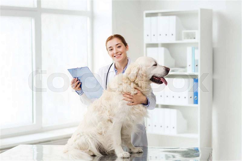 Medicine, pet, animals, health care and people concept - happy veterinarian or doctor with golden retriever dog and clipboard at vet clinic, stock photo