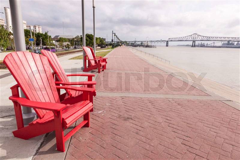 Waterfront promenade at the Mississippi River in Baton Rouge. Louisiana, United States, stock photo