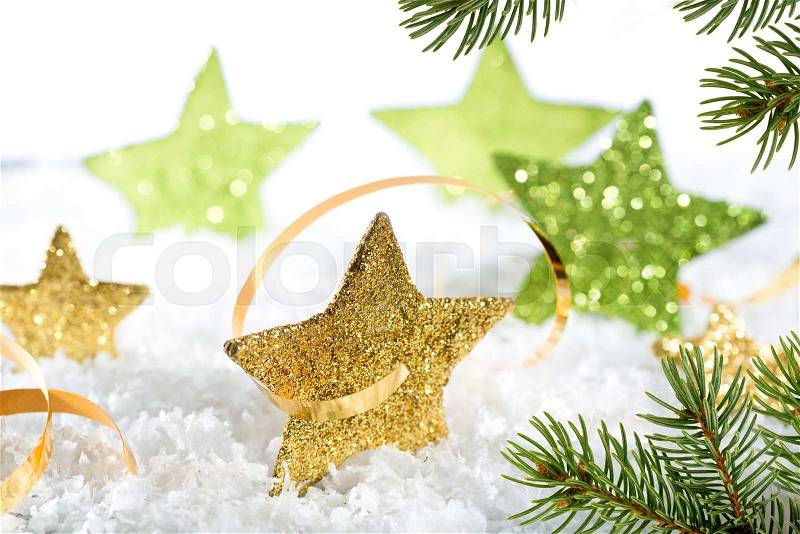 Christmas background with gold stars and christmas twig, stock photo