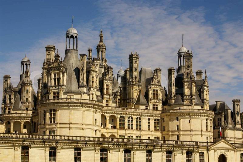 Chambord castle is located in Loir-et-Cher, France. It has a very distinct French Renaissance architecture which blends traditional French medieval, stock photo