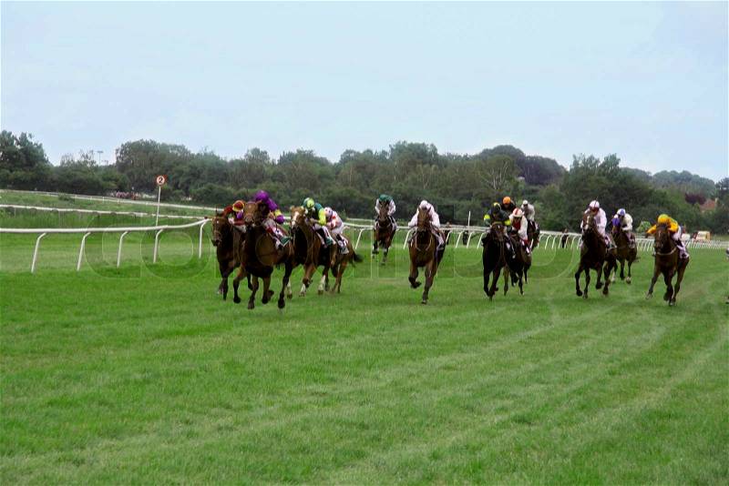Racing jockeys and horses race, stock photo