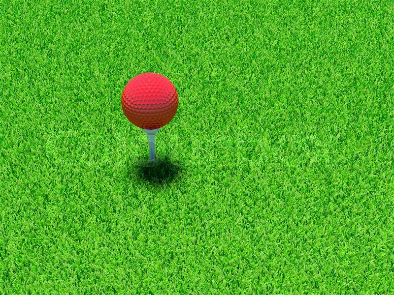 3d render of red golf ball on green lawn, stock photo