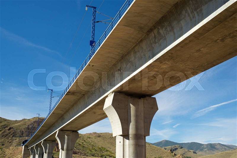 View of a high-speed viaduct in Purroy, Zaragoza, Aragon, Spain. AVE Madrid Barcelona, stock photo