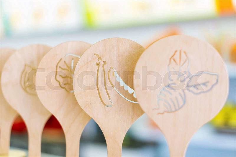 Juice menu in fresh bar. Wooden plates with vegetables and fruits, stock photo