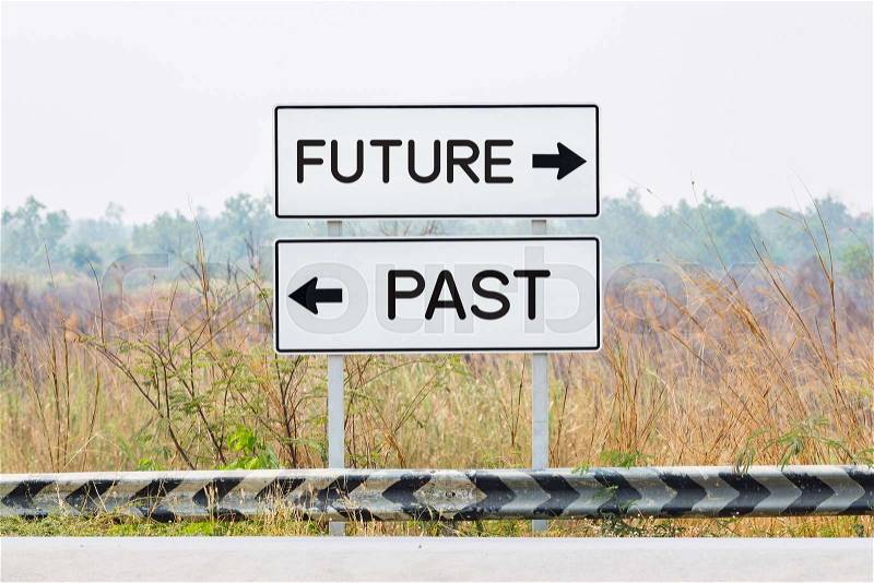 Road sign boards with future and past text, opposite wording concept, stock photo