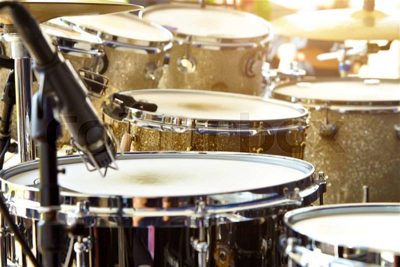 Acoustic drum set on stage before the concert, stock photo