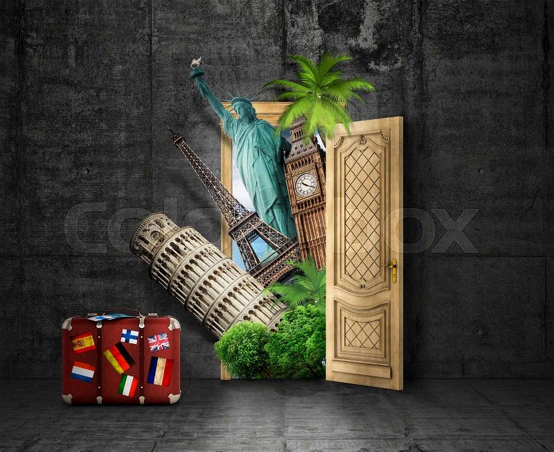 Concept of travel. Door with picture of world attractions on concrete wall background. Next to the door is packed suitcase and tickets. Concept of recreation, stock photo