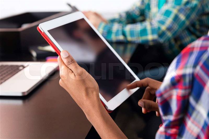 Tablet black blank screen woman point finger casual wear african american hands business people technology close up female hands, stock photo