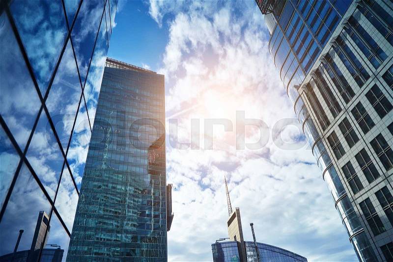 Looking up at skyscrapers in Lower Manhattan, New York City, stock photo