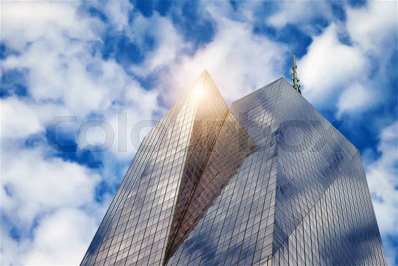 Looking up at skyscrapers in Lower Manhattan, New York City, stock photo
