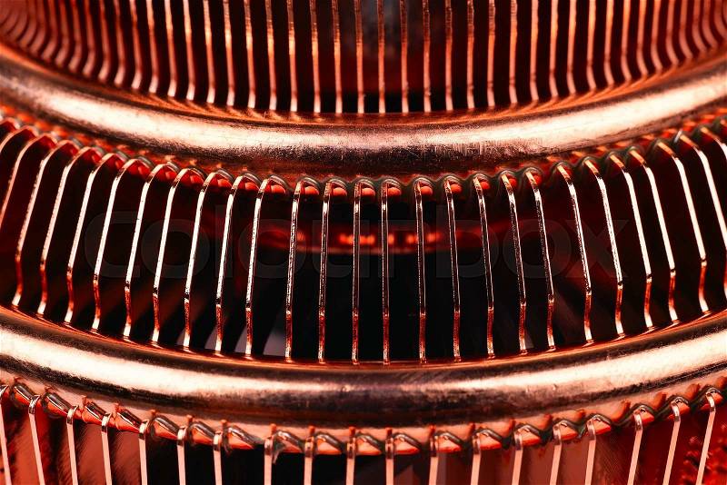 Copper cpu air cooler, Extra close up, stock photo