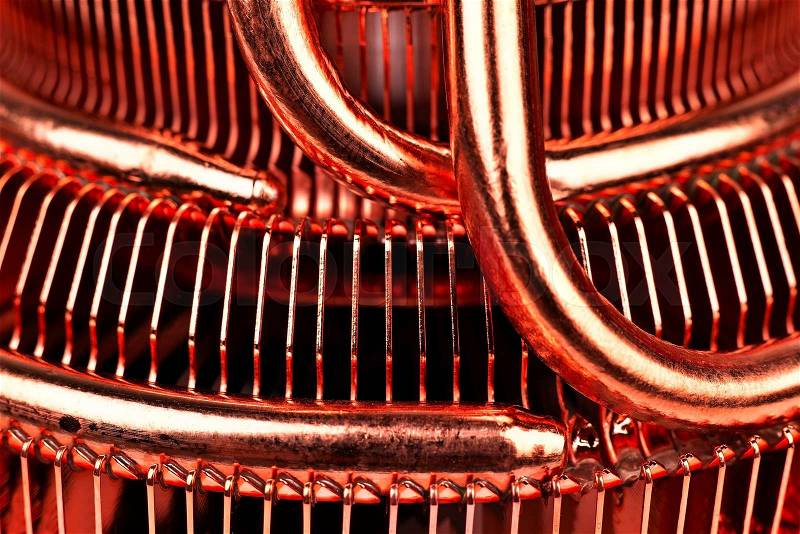 CPU cooler with heat pipes, close up, stock photo
