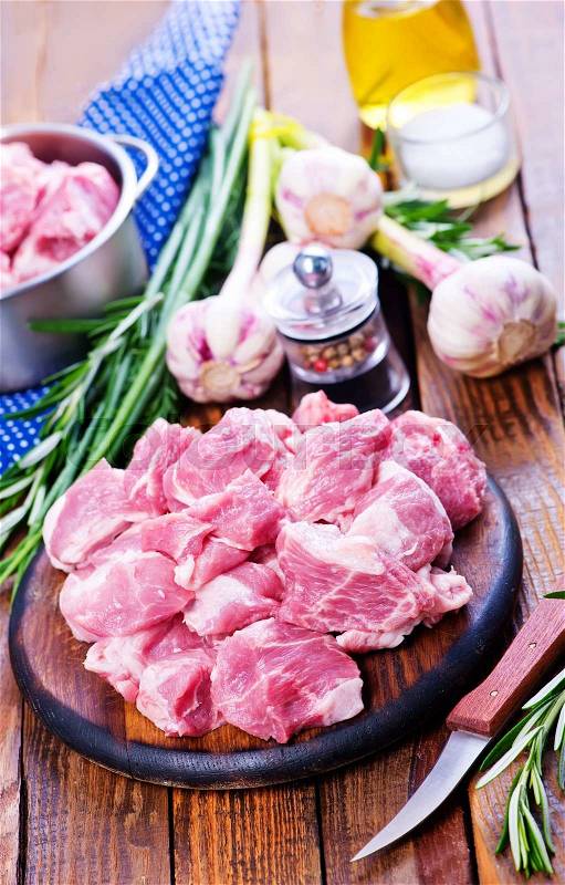 Raw meat with salt and spice on the wooden table, stock photo