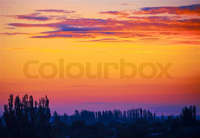 Evening landscape in the red-yellow-blue colors. Evening landscape in red, yellow and blue tones. Blur on the main elements, stock photo