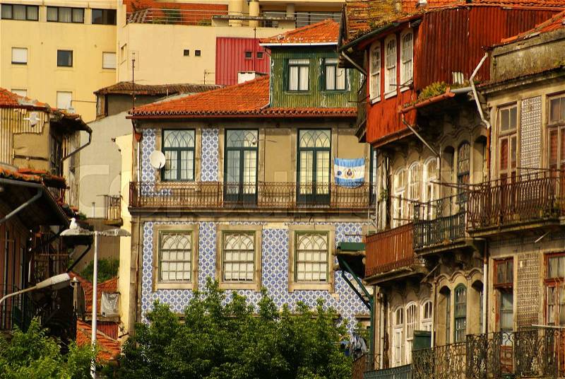 Thin houses in old town, Porto, Portugal, stock photo