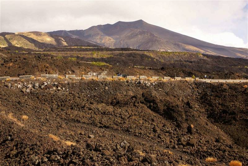 View of the volcanic landscape around Mount Etna, stock photo