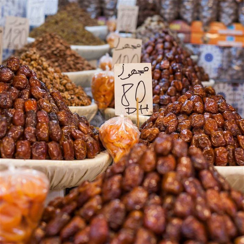 Nuts and dried fruit for sale in the souk of Fes, Morocco, stock photo